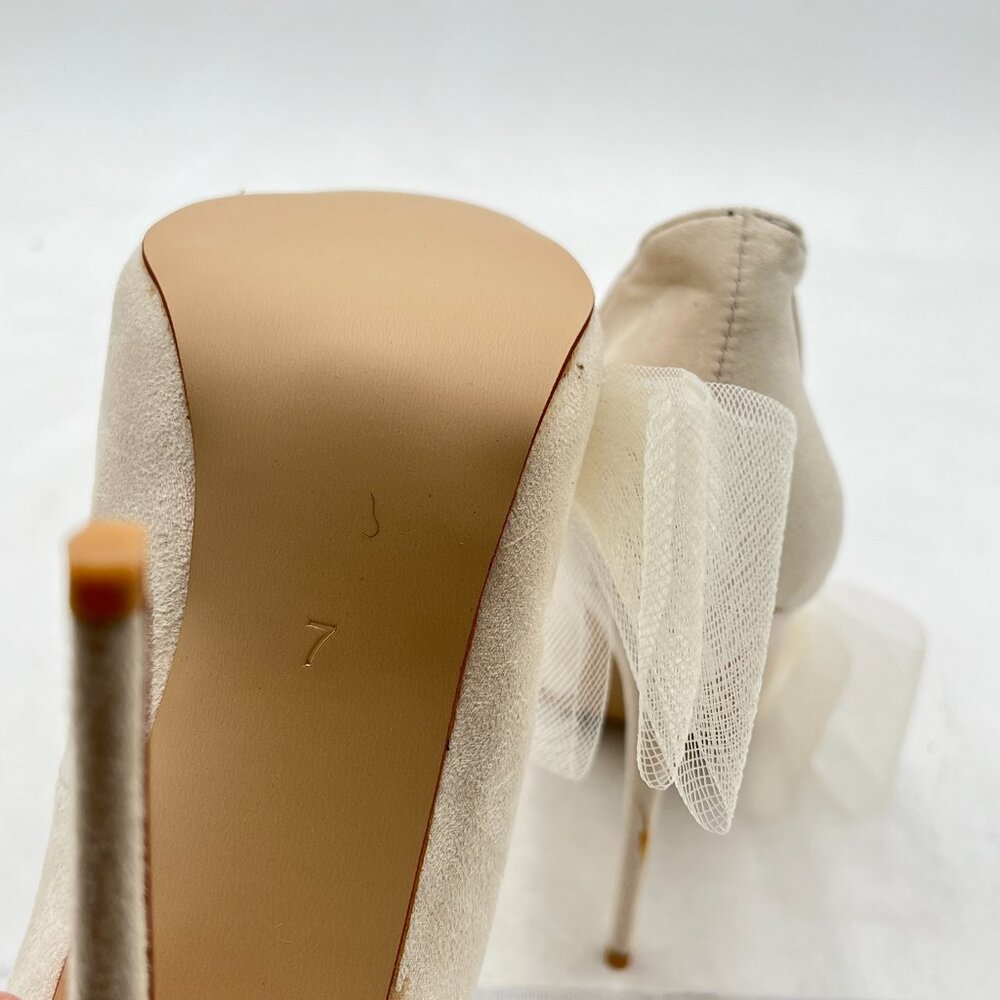 FSJ Apricot Mesh Bows Prom Pointy Toe High Heel Stiletto Pumps Closed Toe Shoes - Picture 6 of 8
